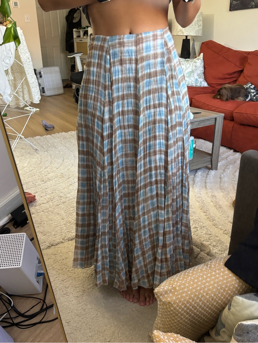 Astr Blue and Brown Plaid Pleated Maxi Skirt